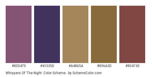Whispers of the Night - Color scheme palette thumbnail - #855475 #41335D #A4865A #896A3D #804743 