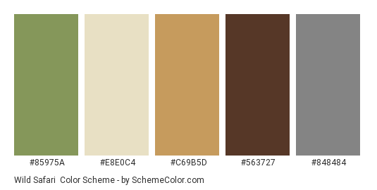 Wild Safari - Color scheme palette thumbnail - #85975a #e8e0c4 #c69b5d #563727 #848484 