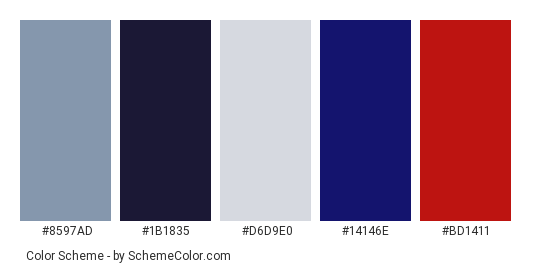 Bicycles Winter - Color scheme palette thumbnail - #8597ad #1b1835 #d6d9e0 #14146e #bd1411 