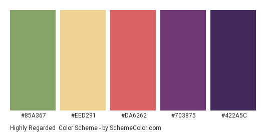 Highly Regarded - Color scheme palette thumbnail - #85A367 #EED291 #DA6262 #703875 #422A5C 