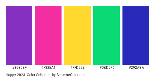 Happy 2023 - Color scheme palette thumbnail - #8630BF #F32EA1 #FFD92E #0BD976 #292ABA 