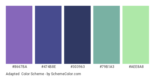 Adapted - Color scheme palette thumbnail - #8667BA #474B8E #303963 #79B1A3 #AEE8A8 