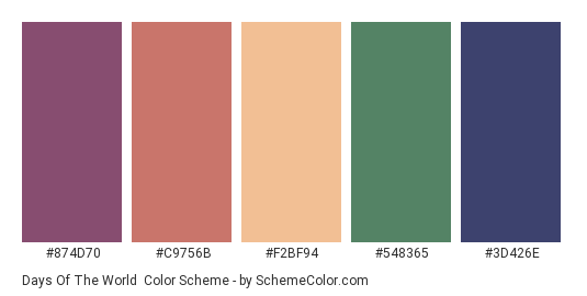 Days of the World - Color scheme palette thumbnail - #874D70 #C9756B #F2BF94 #548365 #3D426E 
