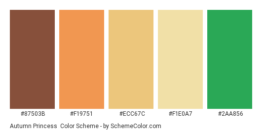 Autumn Princess - Color scheme palette thumbnail - #87503B #F19751 #ECC67C #F1E0A7 #2AA856 