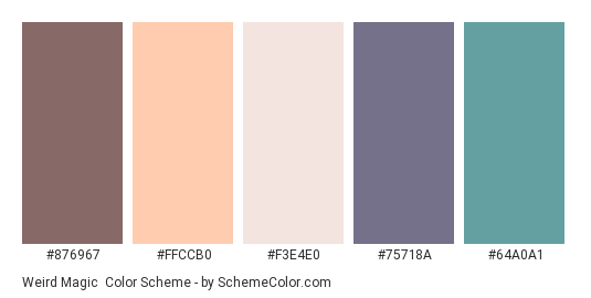 Weird Magic - Color scheme palette thumbnail - #876967 #FFCCB0 #F3E4E0 #75718A #64A0A1 