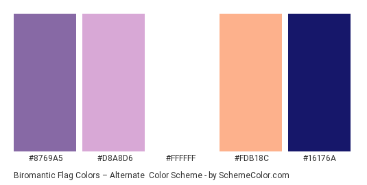 Biromantic Flag Colors – Alternate - Color scheme palette thumbnail - #8769A5 #D8A8D6 #FFFFFF #FDB18C #16176A 