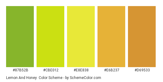 Lemon and Honey - Color scheme palette thumbnail - #87B52B #CBE012 #E8E838 #E6B237 #D69533 