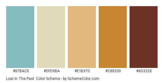 Lost in the Past - Color scheme palette thumbnail - #87BAC0 #DFD9BA #E1B97D #C88330 #6D3328 
