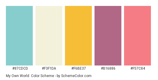 My Own World - Color scheme palette thumbnail - #87CDCD #F3F1DA #F6BE37 #B16886 #F57C84 