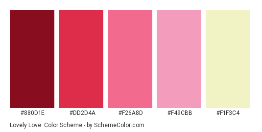 Lovely Love - Color scheme palette thumbnail - #880d1e #dd2d4a #f26a8d #f49cbb #F1F3C4 
