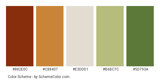 Soup Garnished with Lemon and Coriander - Color scheme palette thumbnail - #882e0c #c88437 #e3ddd1 #b6bc7c #5d793a 