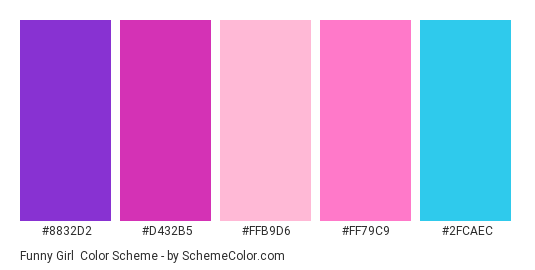 Funny Girl - Color scheme palette thumbnail - #8832D2 #D432B5 #FFB9D6 #FF79C9 #2FCAEC 