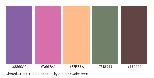 Closed Group - Color scheme palette thumbnail - #8860A6 #D66FAA #FFBB8A #718069 #634444 