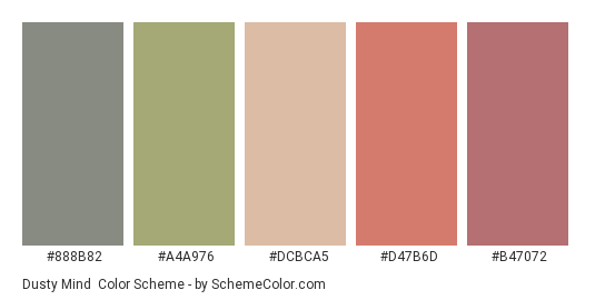 Dusty Mind - Color scheme palette thumbnail - #888b82 #a4a976 #dcbca5 #d47b6d #b47072 