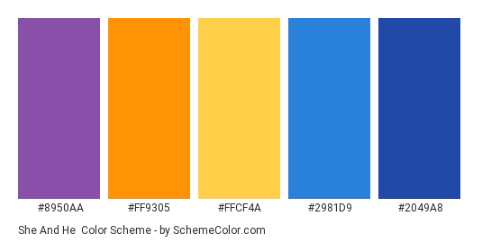She and He - Color scheme palette thumbnail - #8950AA #FF9305 #FFCF4A #2981D9 #2049A8 