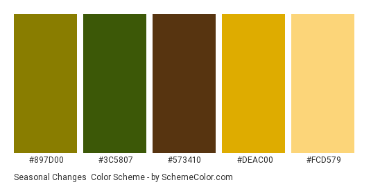Seasonal Changes - Color scheme palette thumbnail - #897D00 #3C5807 #573410 #DEAC00 #FCD579 