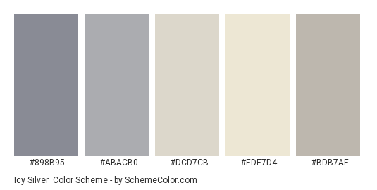Icy Silver - Color scheme palette thumbnail - #898b95 #abacb0 #dcd7cb #ede7d4 #bdb7ae 