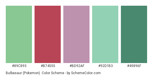 Bulbasaur (Pokemon) - Color scheme palette thumbnail - #89C893 #B74555 #BD92AF #92D1B3 #49896F 