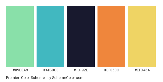 Premier - Color scheme palette thumbnail - #89E0A9 #41B8C0 #18192E #EF863C #efd464 