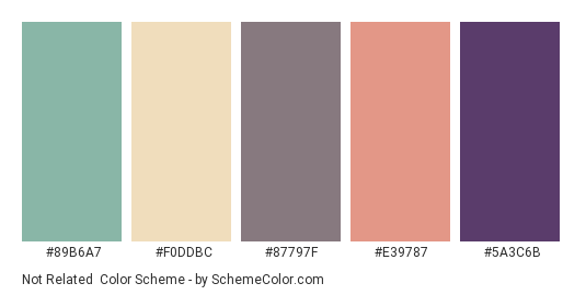 Not Related - Color scheme palette thumbnail - #89b6a7 #f0ddbc #87797f #e39787 #5a3c6b 