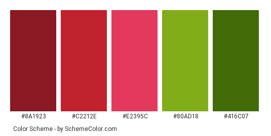 Classic Rose - Color scheme palette thumbnail - #8A1923 #C2212E #E2395C #80AD18 #416C07 