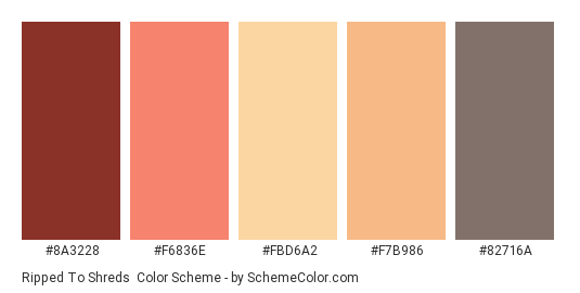 Ripped to Shreds - Color scheme palette thumbnail - #8A3228 #F6836E #FBD6A2 #F7B986 #82716A 