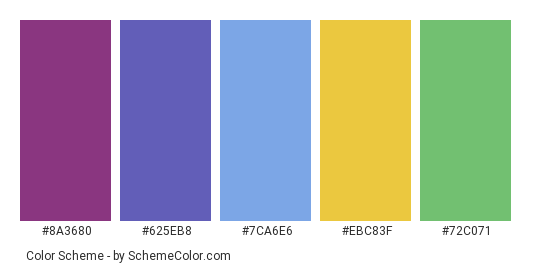 Autumn Grapes - Color scheme palette thumbnail - #8A3680 #625EB8 #7CA6E6 #EBC83F #72C071 
