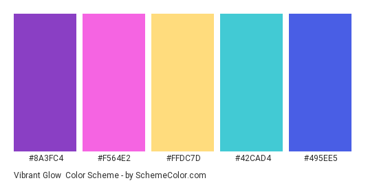 Vibrant Glow - Color scheme palette thumbnail - #8A3FC4 #F564E2 #FFDC7D #42CAD4 #495EE5 