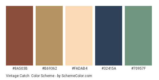 Vintage Catch - Color scheme palette thumbnail - #8A503B #B69362 #FADAB4 #32415A #70957F 