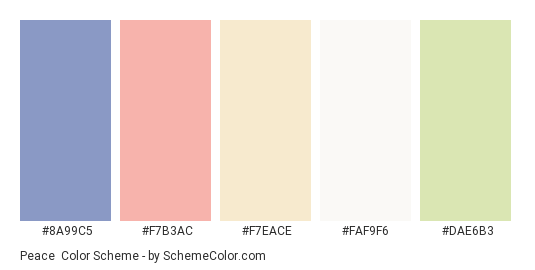 Peace - Color scheme palette thumbnail - #8A99C5 #F7B3AC #F7EACE #FAF9F6 #DAE6B3 
