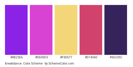 Breakdance - Color scheme palette thumbnail - #8B23E6 #D843D3 #F3D677 #D1436D #36235C 
