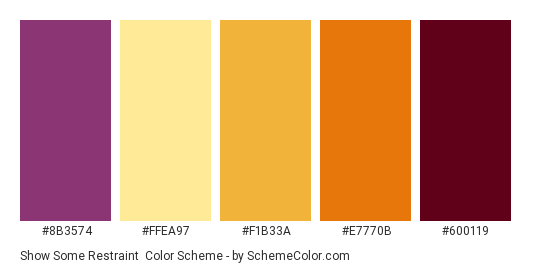 Show some Restraint - Color scheme palette thumbnail - #8B3574 #FFEA97 #F1B33A #E7770B #600119 