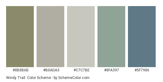 Windy Trail - Color scheme palette thumbnail - #8B8B6B #B0ADA3 #C7C7BE #8FA397 #5F7986 