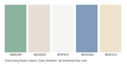Cool Living Room Colors - Color scheme palette thumbnail - #8BB49F #E6DDD5 #F5F5F4 #829CBA #EDE3CC 