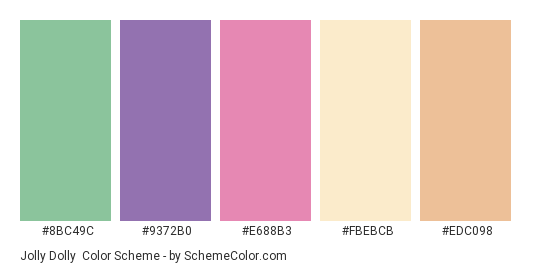 Jolly Dolly - Color scheme palette thumbnail - #8BC49C #9372B0 #E688B3 #FBEBCB #EDC098 