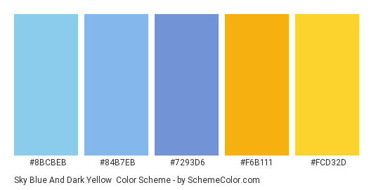 Sky Blue and Dark Yellow - Color scheme palette thumbnail - #8BCBEB #84B7EB #7293D6 #F6B111 #FCD32D 