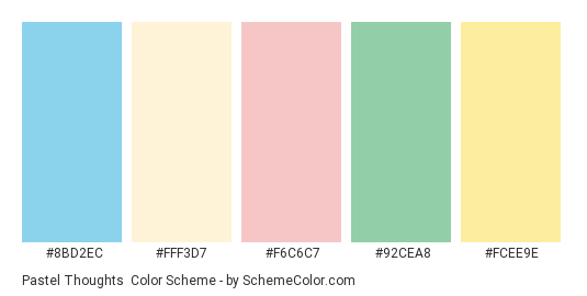 Pastel Thoughts - Color scheme palette thumbnail - #8BD2EC #FFF3D7 #F6C6C7 #92CEA8 #FCEE9E 