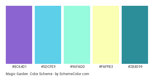 Magic Garden - Color scheme palette thumbnail - #8C64D1 #5DCFE9 #96FADD #FAFFB3 #2B8E99 
