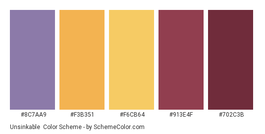 Unsinkable - Color scheme palette thumbnail - #8C7AA9 #F3B351 #F6CB64 #913E4F #702C3B 