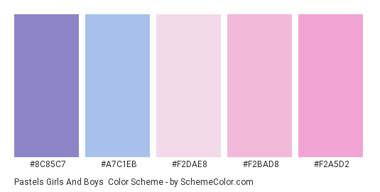 Pastels Girls and Boys - Color scheme palette thumbnail - #8C85C7 #A7C1EB #F2DAE8 #F2BAD8 #F2A5D2 