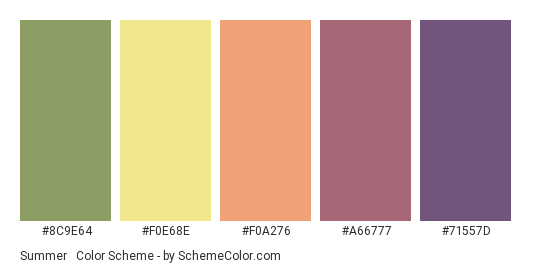 Summer & Fall - Color scheme palette thumbnail - #8C9E64 #F0E68E #F0A276 #A66777 #71557D 