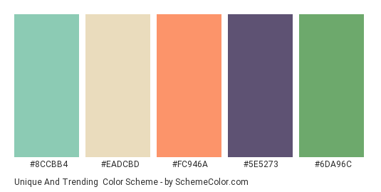 Unique and Trending - Color scheme palette thumbnail - #8CCBB4 #EADCBD #FC946A #5E5273 #6DA96C 