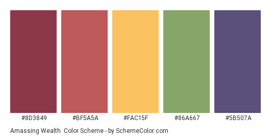 Amassing Wealth - Color scheme palette thumbnail - #8D3849 #BF5A5A #FAC15F #86A667 #5B507A 