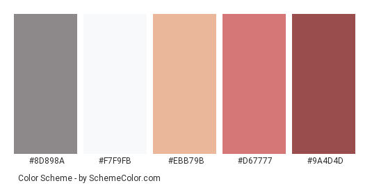 Woman in Plaid Scarf - Color scheme palette thumbnail - #8D898A #F7F9FB #EBB79B #D67777 #9A4D4D 