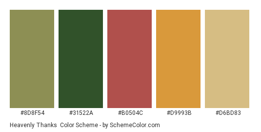 Heavenly Thanks - Color scheme palette thumbnail - #8D8F54 #31522A #B0504C #D9993B #D6BD83 
