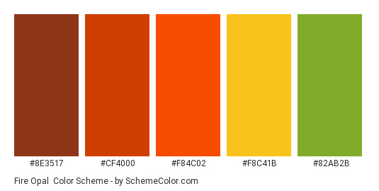 Fire Opal - Color scheme palette thumbnail - #8E3517 #CF4000 #F84C02 #F8C41B #82AB2B 