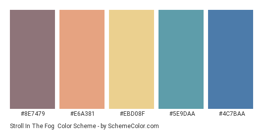 Stroll in the Fog - Color scheme palette thumbnail - #8E7479 #E6A381 #ebd08f #5E9DAA #4C7BAA 