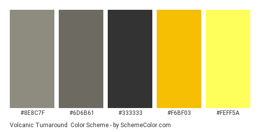 Volcanic Turnaround - Color scheme palette thumbnail - #8E8C7F #6D6B61 #333333 #F6BF03 #FEFF5A 