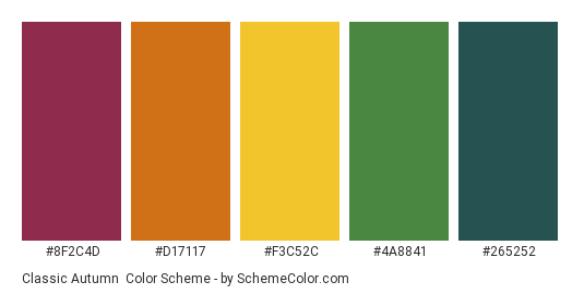 Classic Autumn - Color scheme palette thumbnail - #8F2C4D #D17117 #F3C52C #4A8841 #265252 