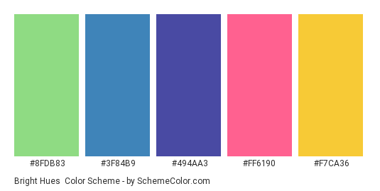 Bright Hues - Color scheme palette thumbnail - #8FDB83 #3F84B9 #494AA3 #FF6190 #F7CA36 